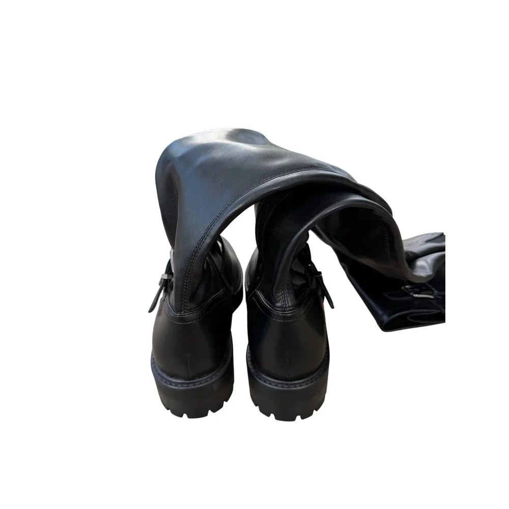 Nine West Over The Knee Lug Sole Moto Boots Black Buckle Size 7M Side Zip NEW